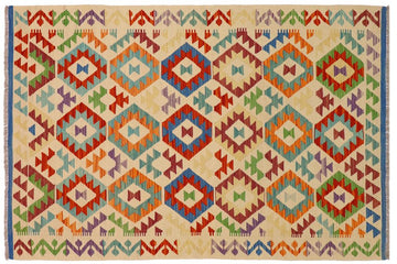 Flat Weave Kilim, Antique, Navaho, Vintage, Handmade, Geometric Kilim Beige Rust Hand-Woven Rectangle 100% Wool Area Rug 4 x 6
